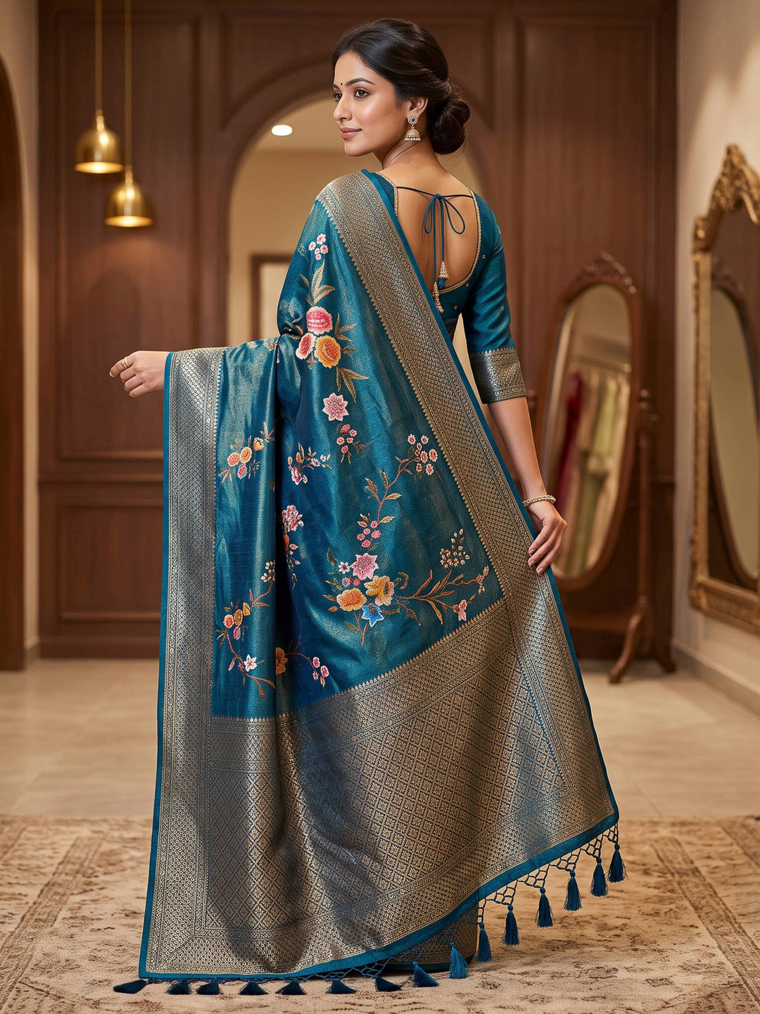 Peacock Blue Art Silk Woven Saree