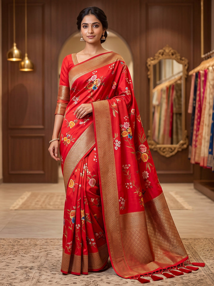 Red Art Silk Woven Saree