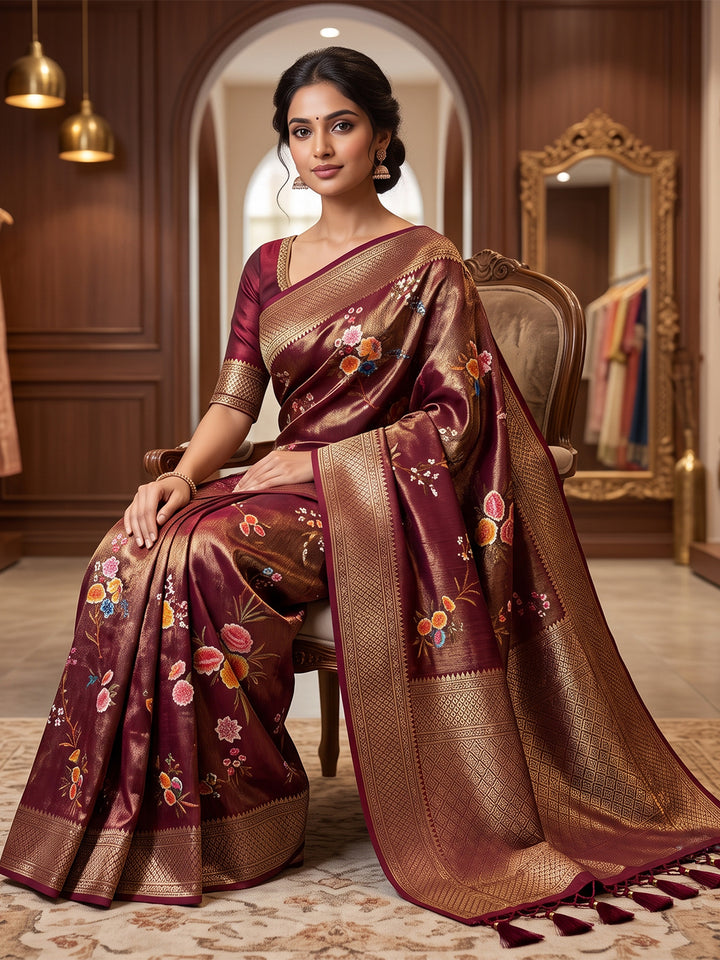 Wine Art Silk Woven Saree