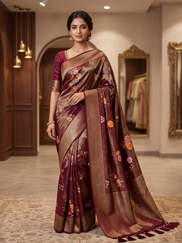 Wine Art Silk Woven Saree