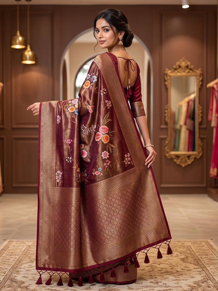 Wine Art Silk Woven Saree