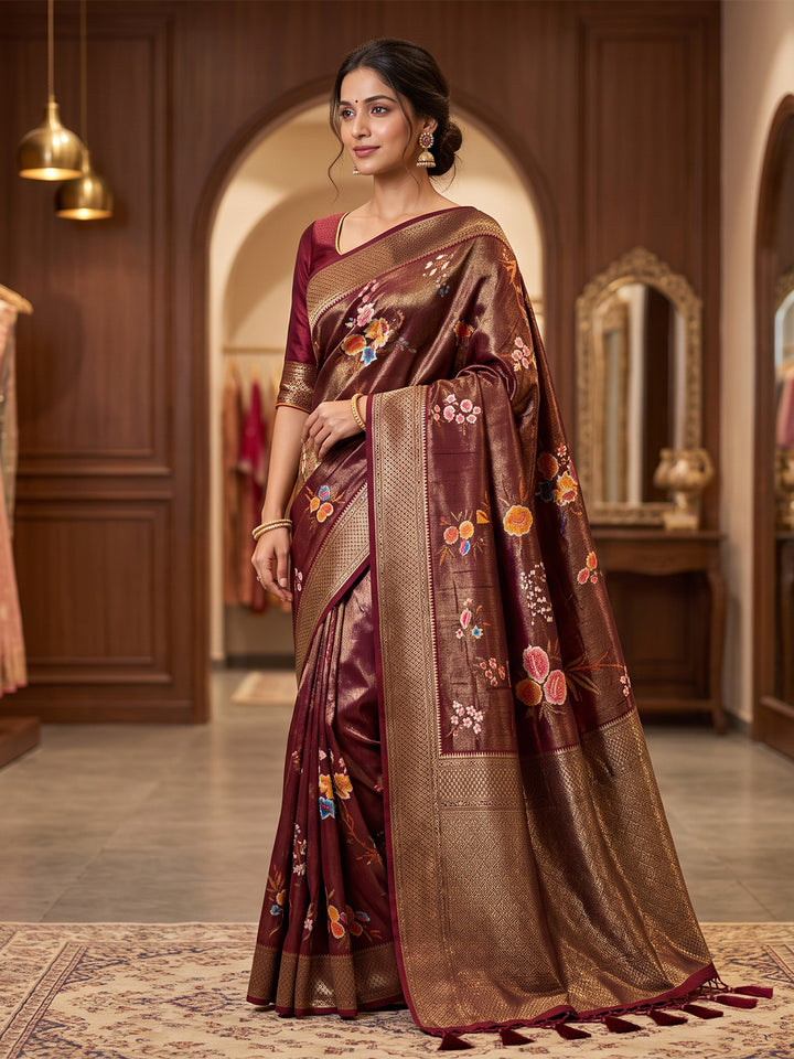 Wine Art Silk Woven Saree