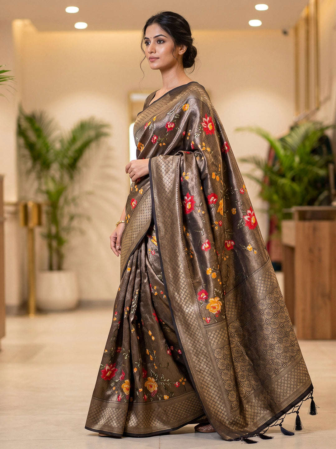 Black Art Silk Woven Saree