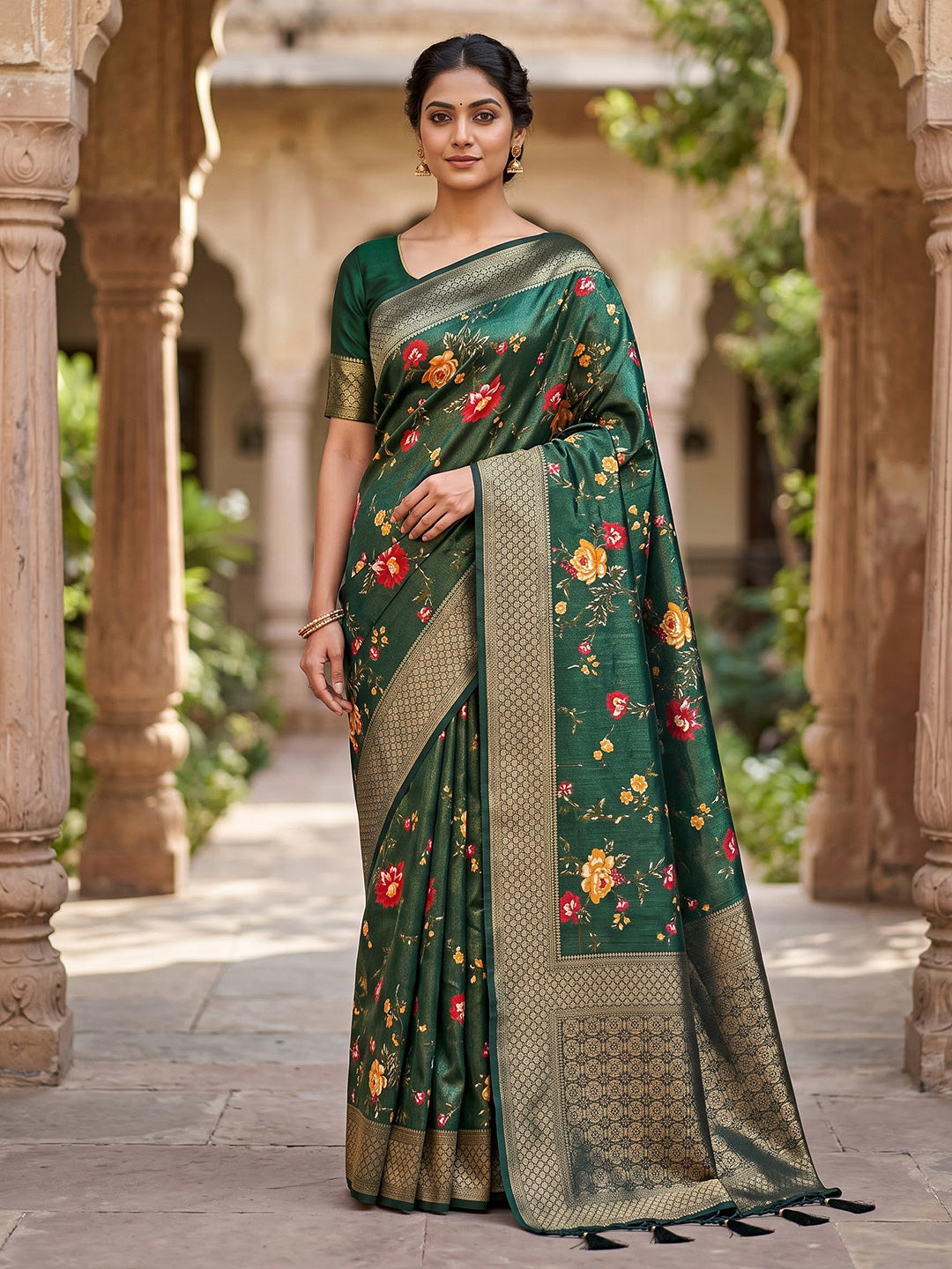 Bottle Green Art Silk Woven Saree
