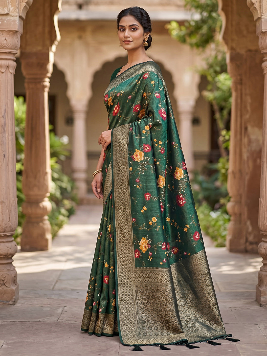 Bottle Green Art Silk Woven Saree