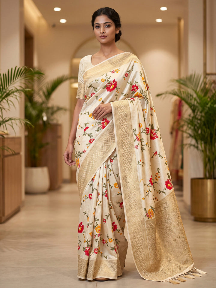 Cream Art Silk Woven Saree