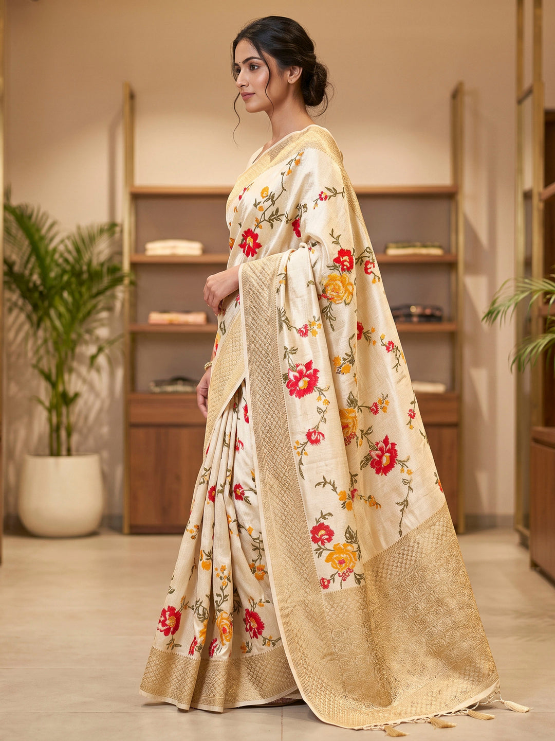 Cream Art Silk Woven Saree