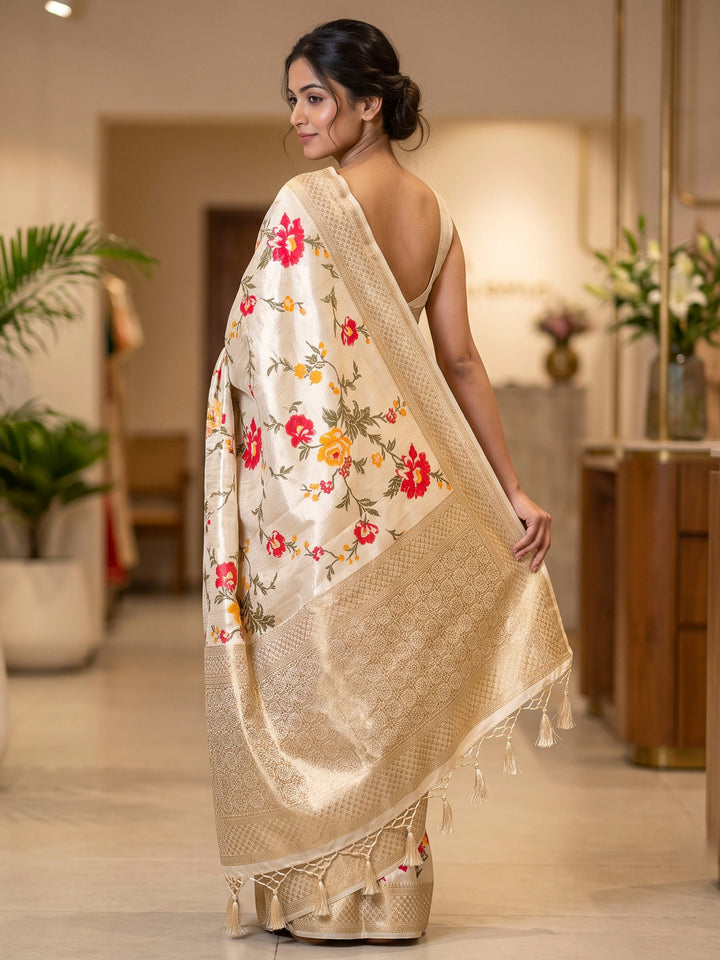 Cream Art Silk Woven Saree