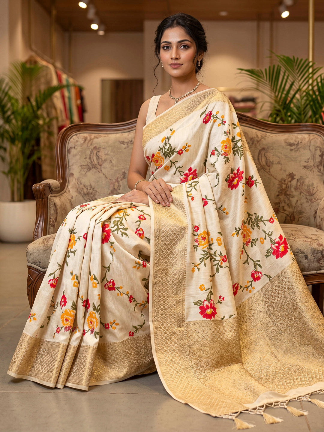 Cream Art Silk Woven Saree