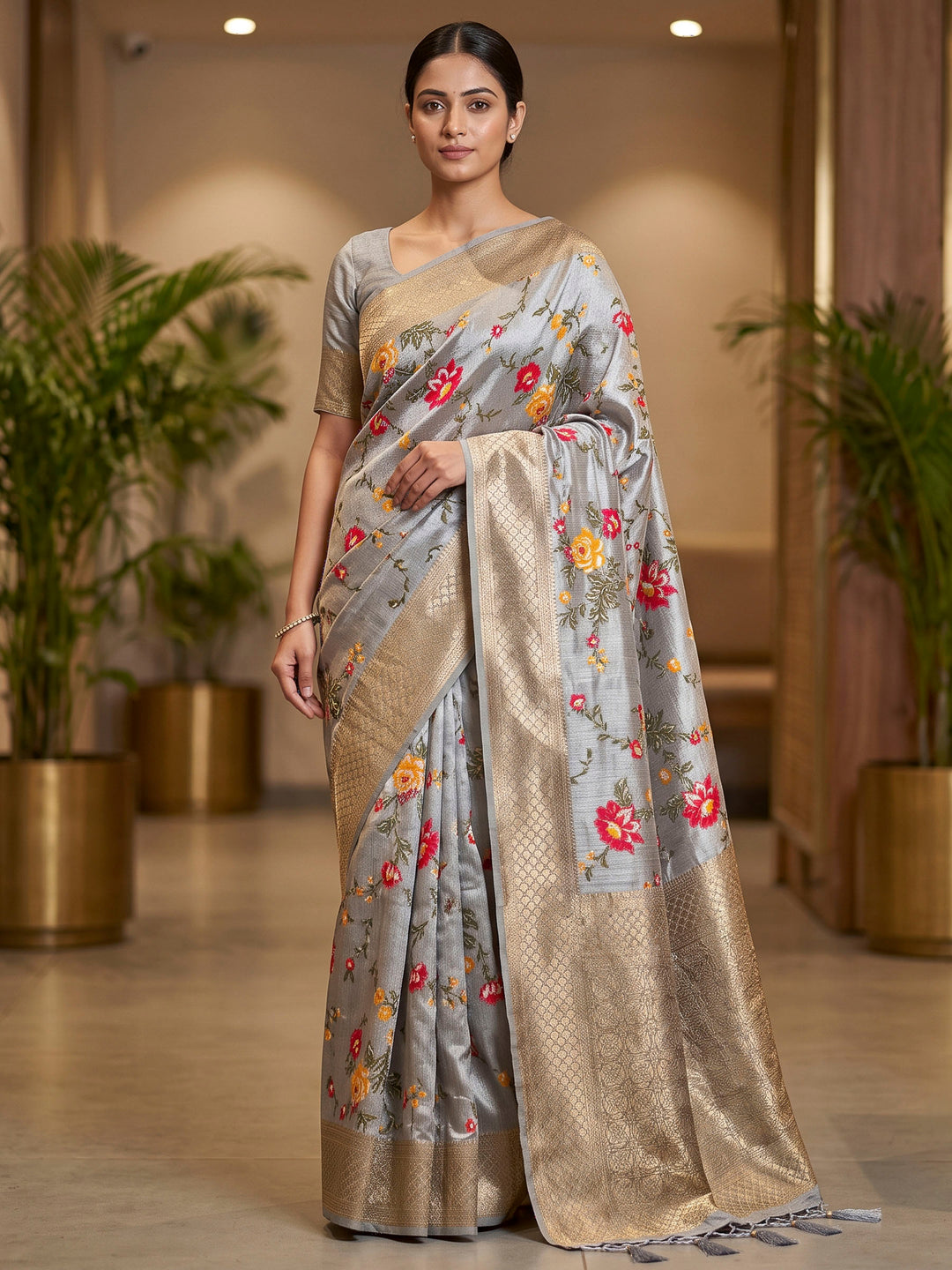 Grey Art Silk Woven Saree