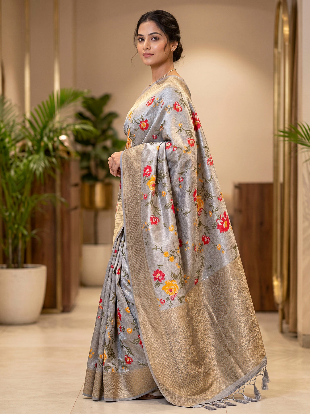 Grey Art Silk Woven Saree