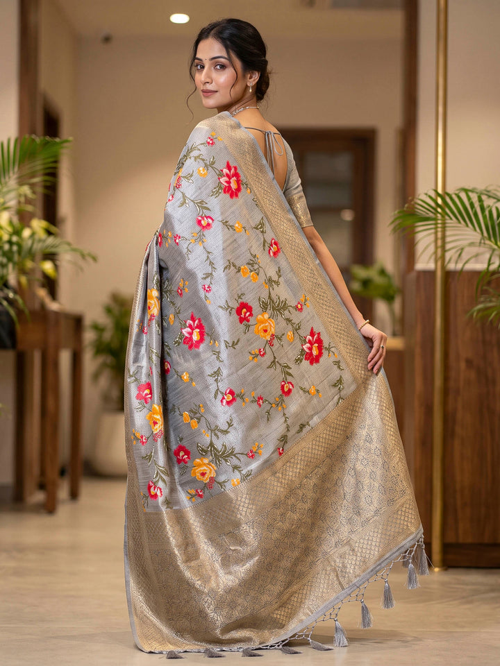 Grey Art Silk Woven Saree