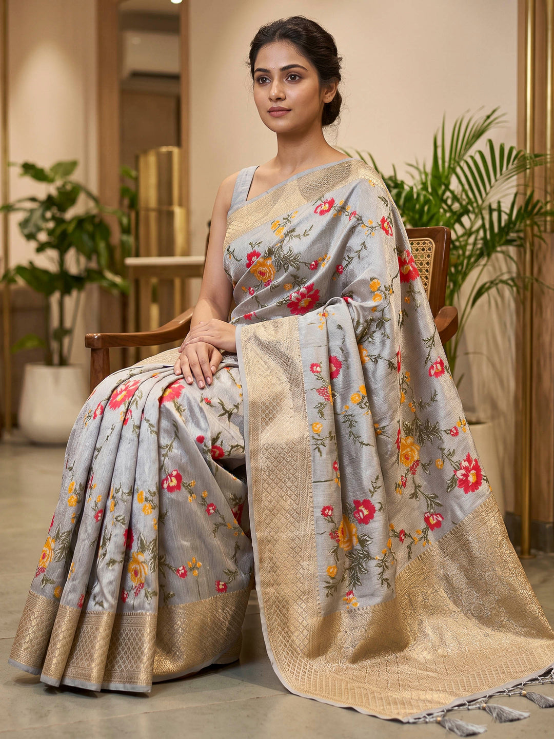Grey Art Silk Woven Saree