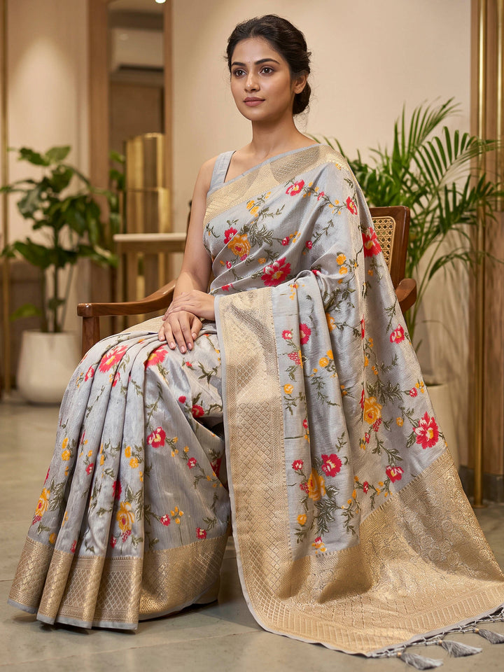 Grey Art Silk Woven Saree