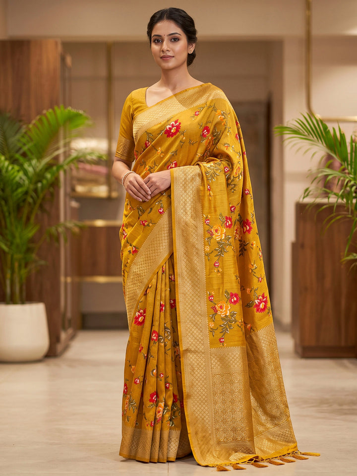 Mustard Art Silk Woven Saree