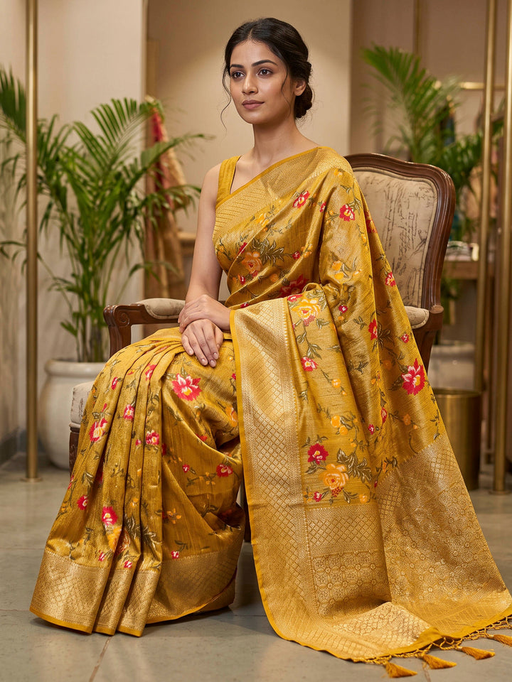 Mustard Art Silk Woven Saree