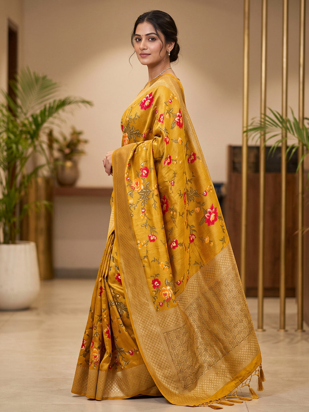 Mustard Art Silk Woven Saree