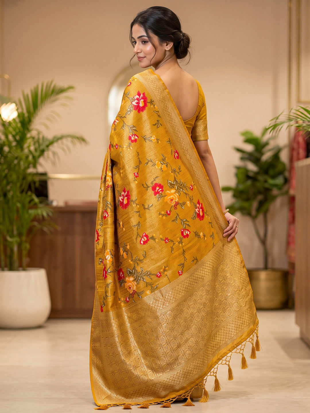 Mustard Art Silk Woven Saree