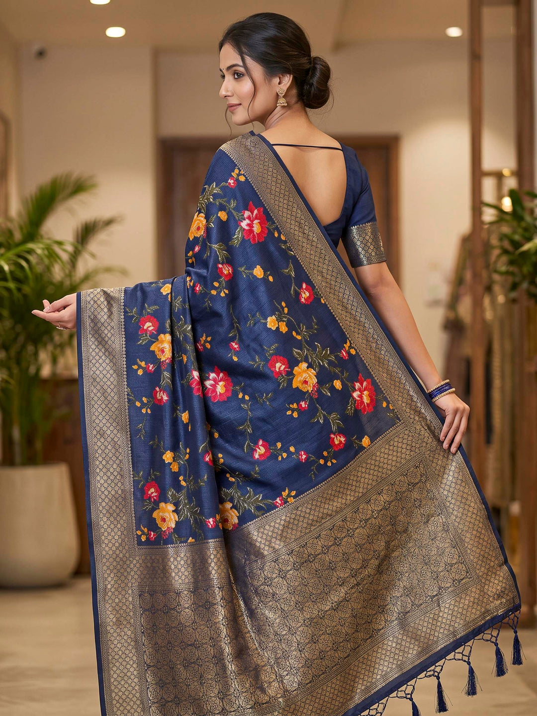 Navy Blue Art Silk Woven Saree