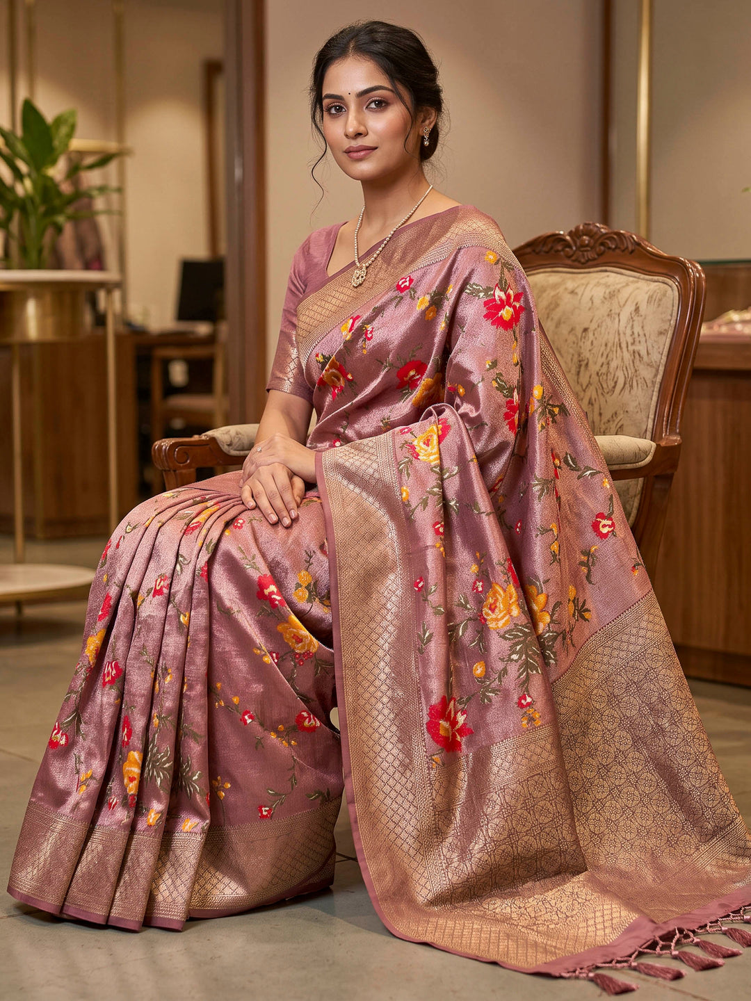 Onion Pink Art Silk Woven Saree