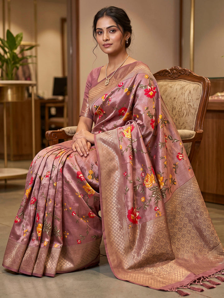 Peach Art Silk Woven Saree