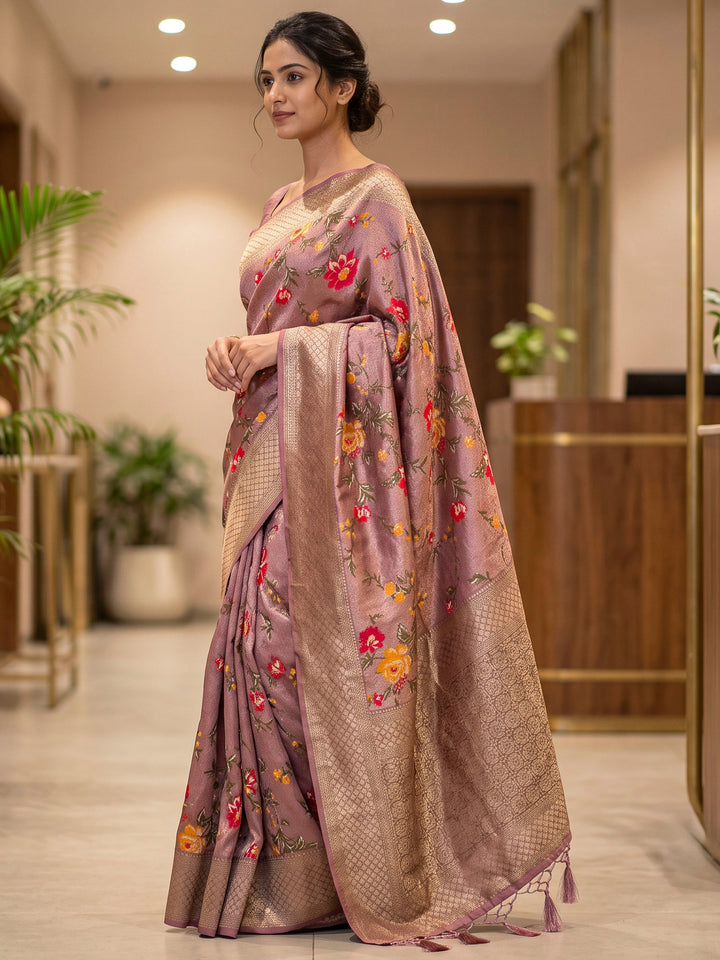 Peach Art Silk Woven Saree