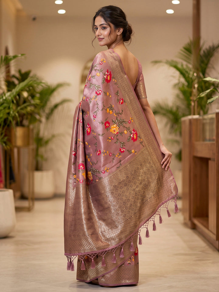 Peach Art Silk Woven Saree