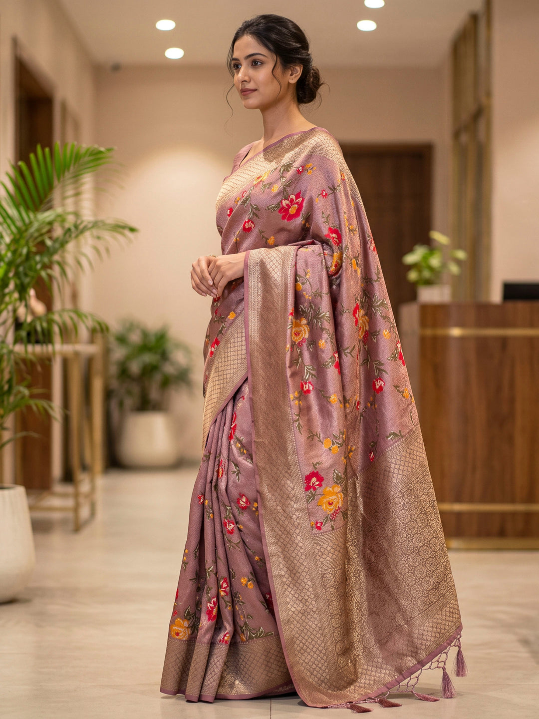 Pink Art Silk Woven Saree