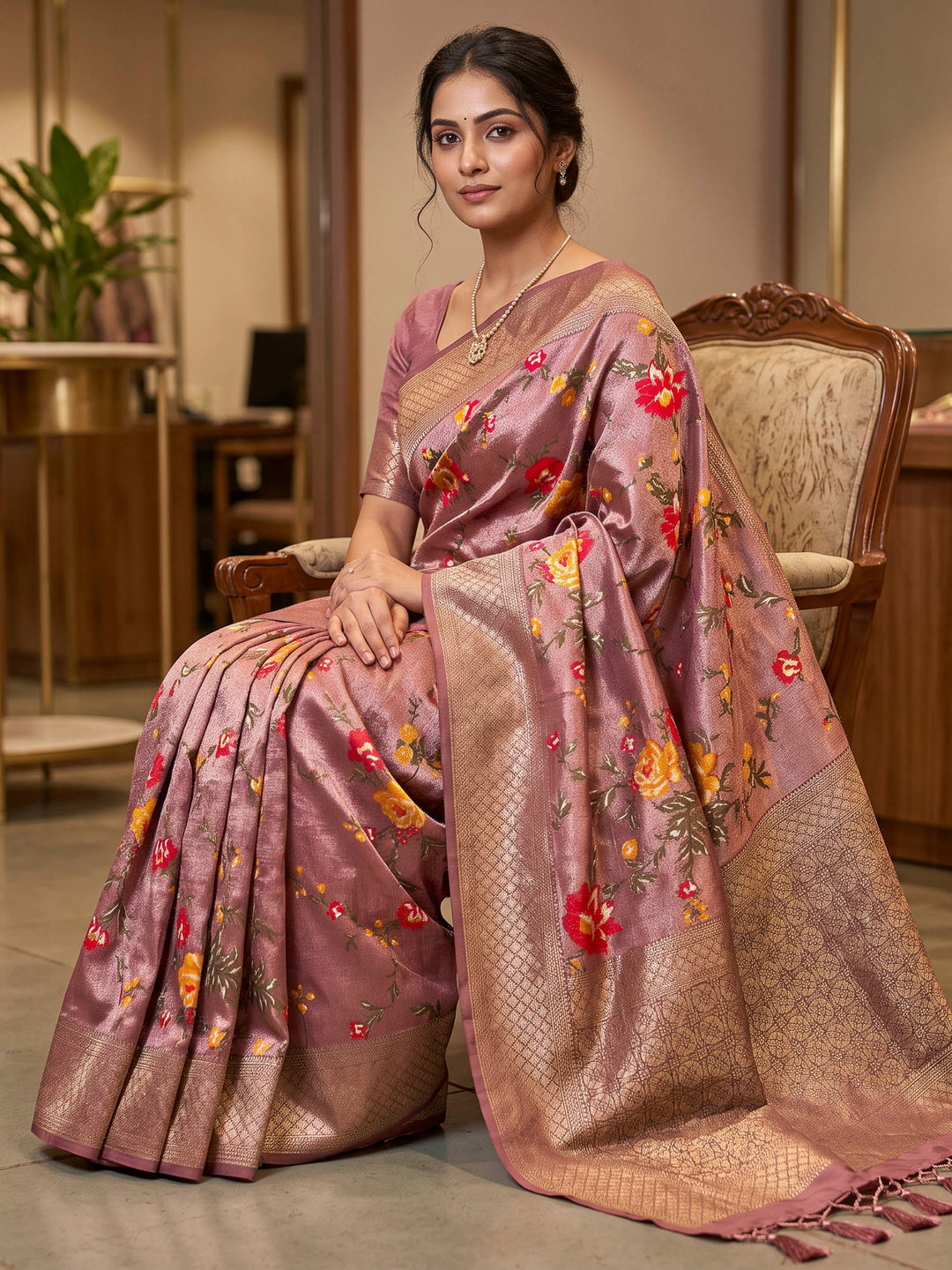 Pink Art Silk Woven Saree