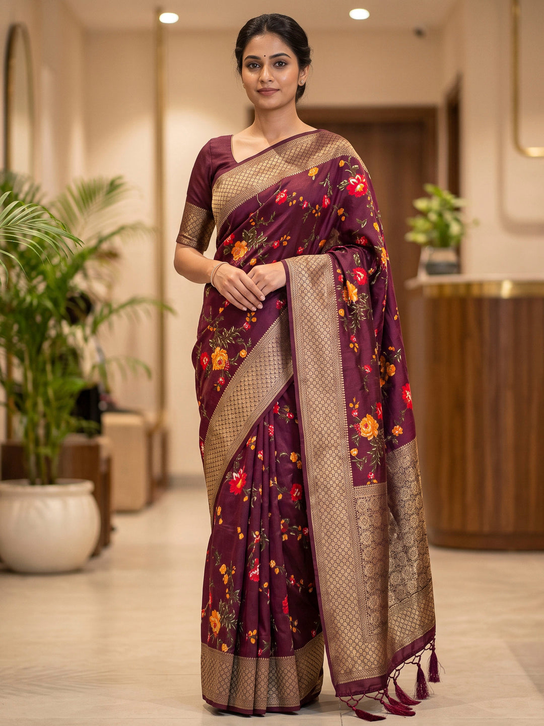 Wine Art Silk Woven Saree
