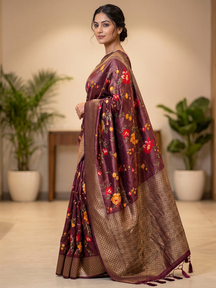 Wine Art Silk Woven Saree
