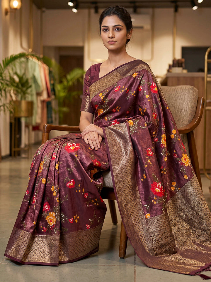 Wine Art Silk Woven Saree