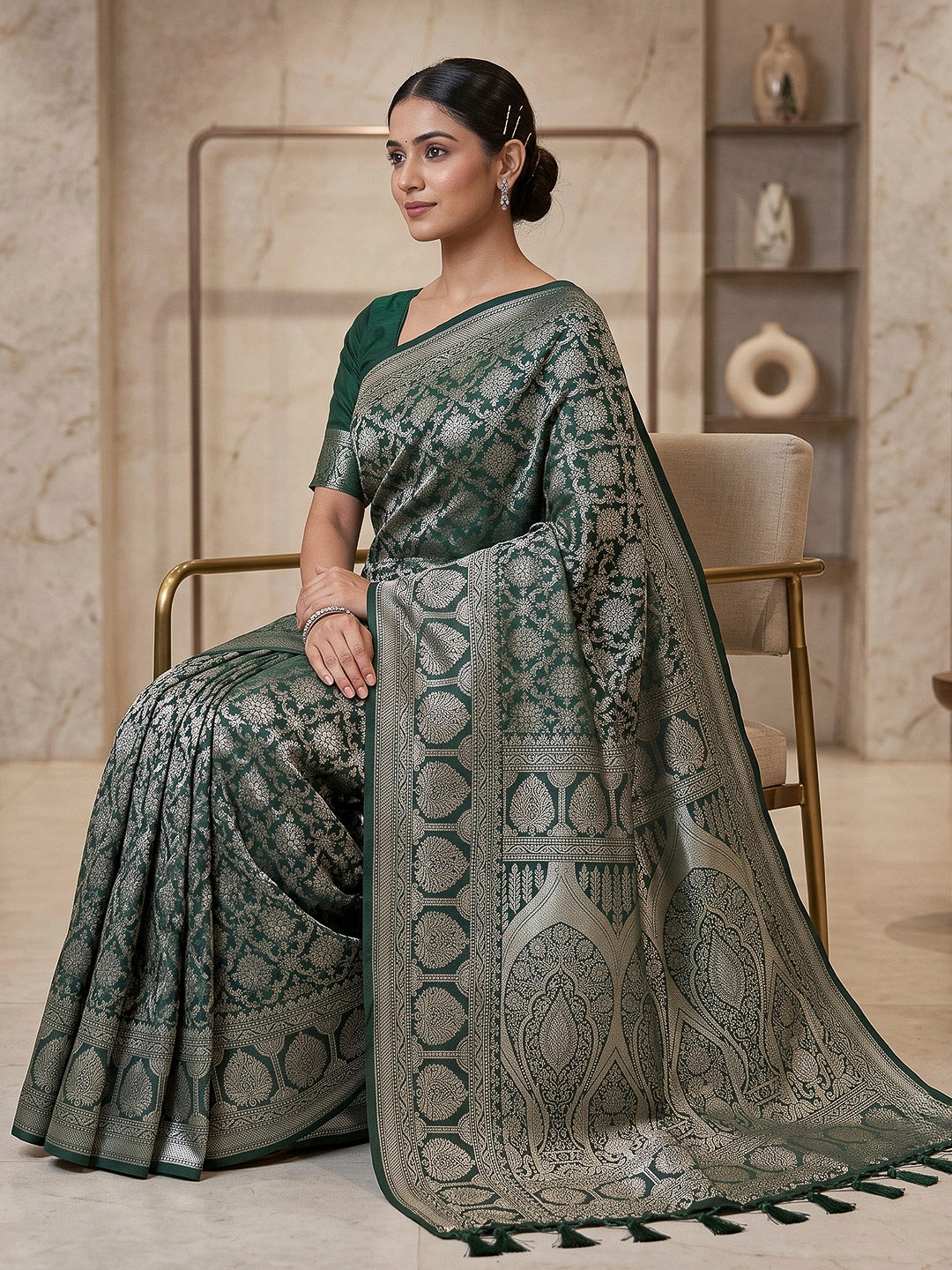 Bottle Green Art Silk Woven Saree