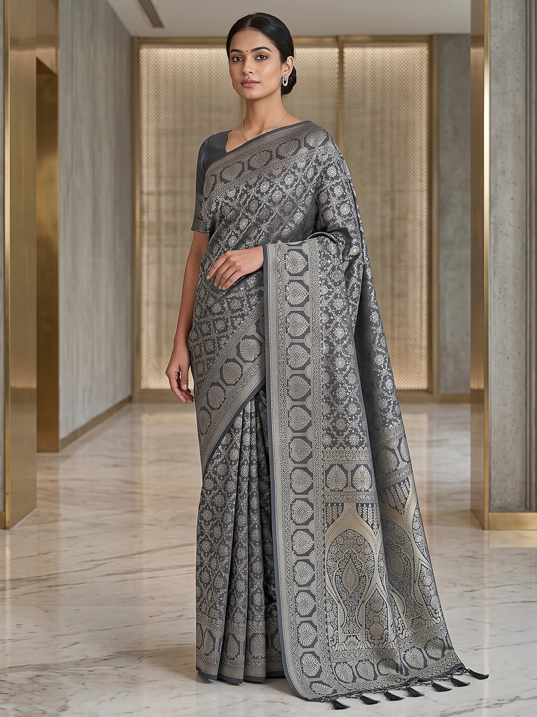 Grey Art Silk Woven Saree