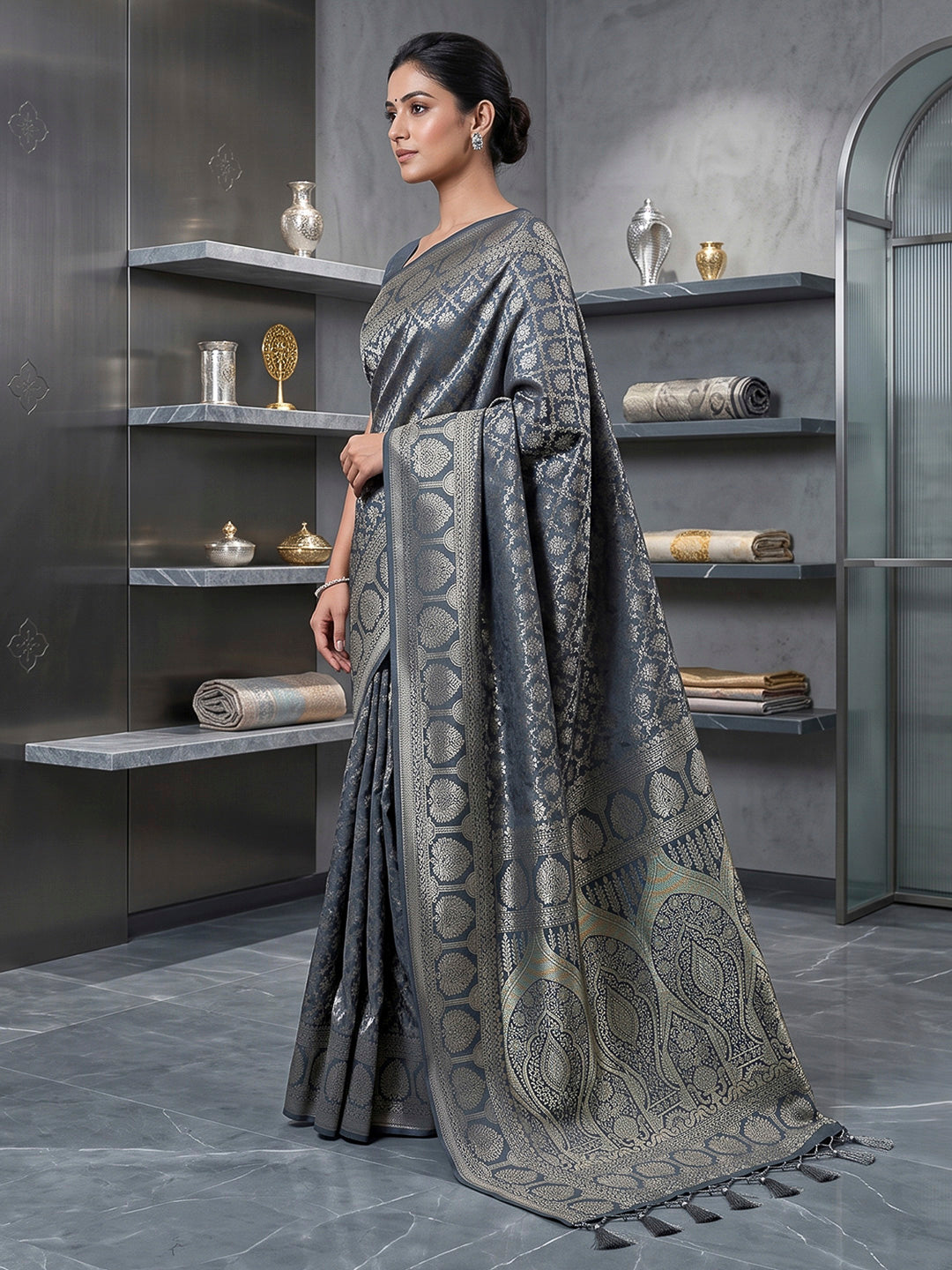 Grey Art Silk Woven Saree