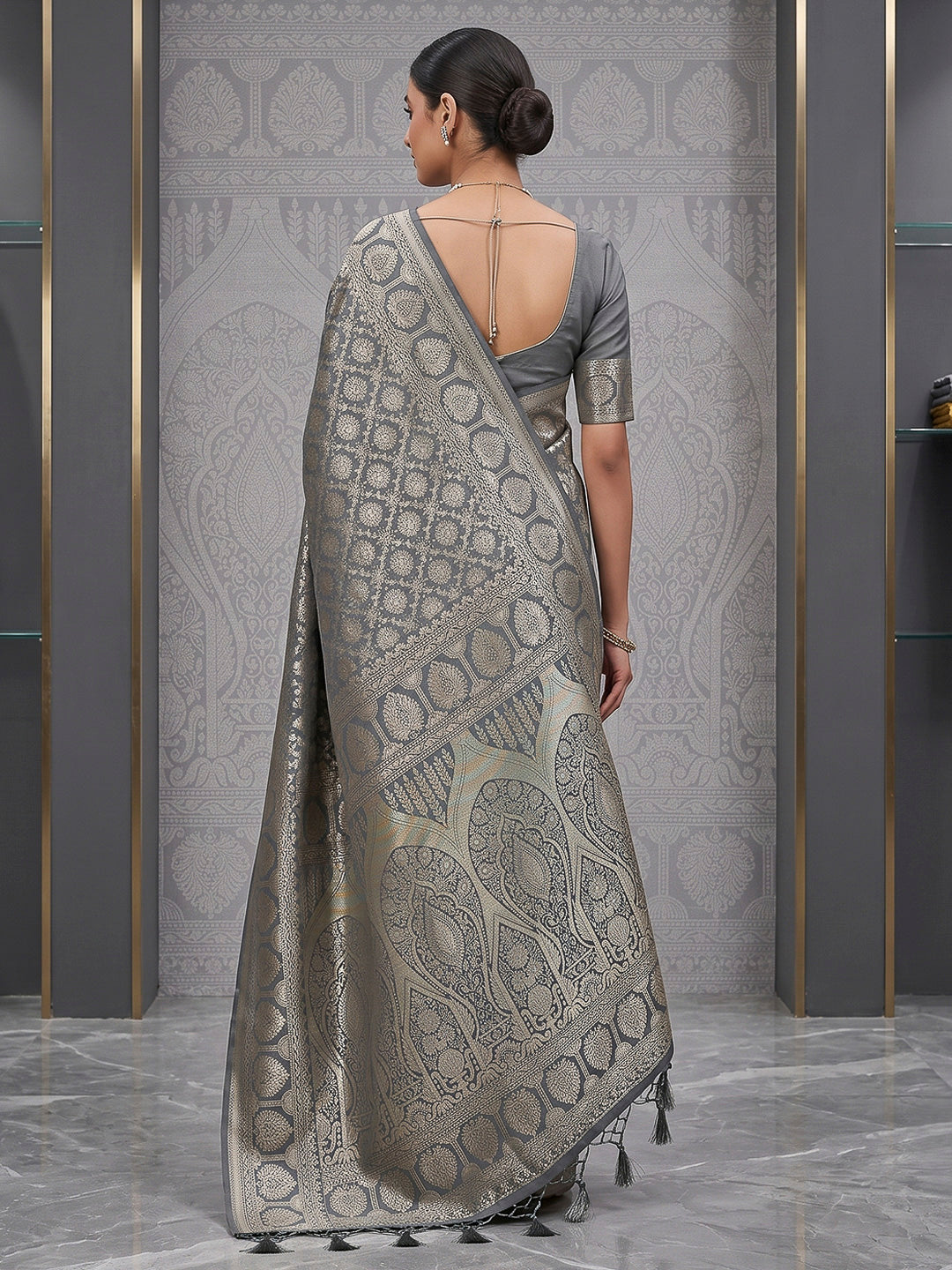 Grey Art Silk Woven Saree