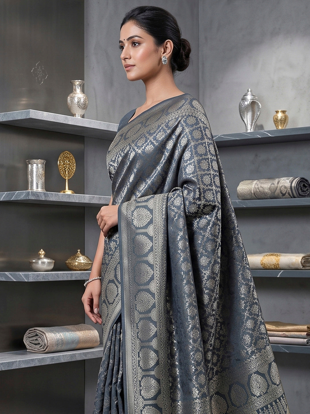 Grey Art Silk Woven Saree