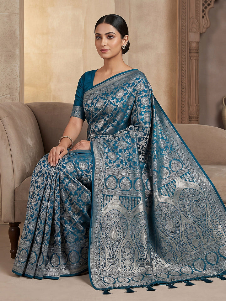 Peacock Blue Art Silk Woven Saree