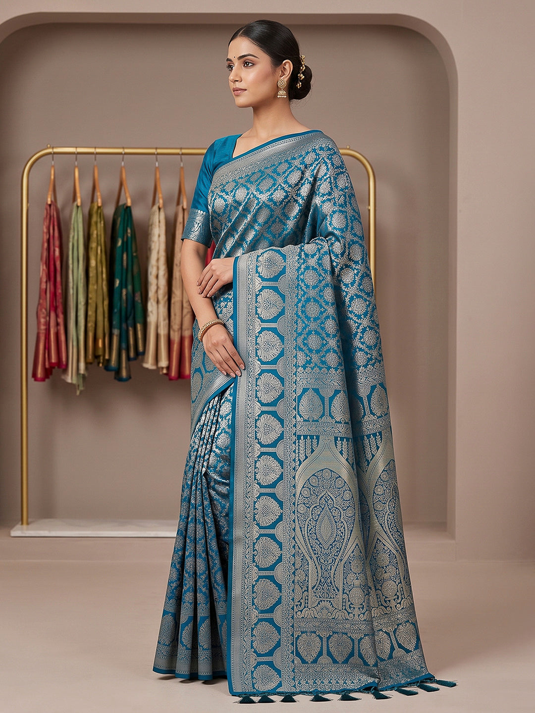 Peacock Blue Art Silk Woven Saree