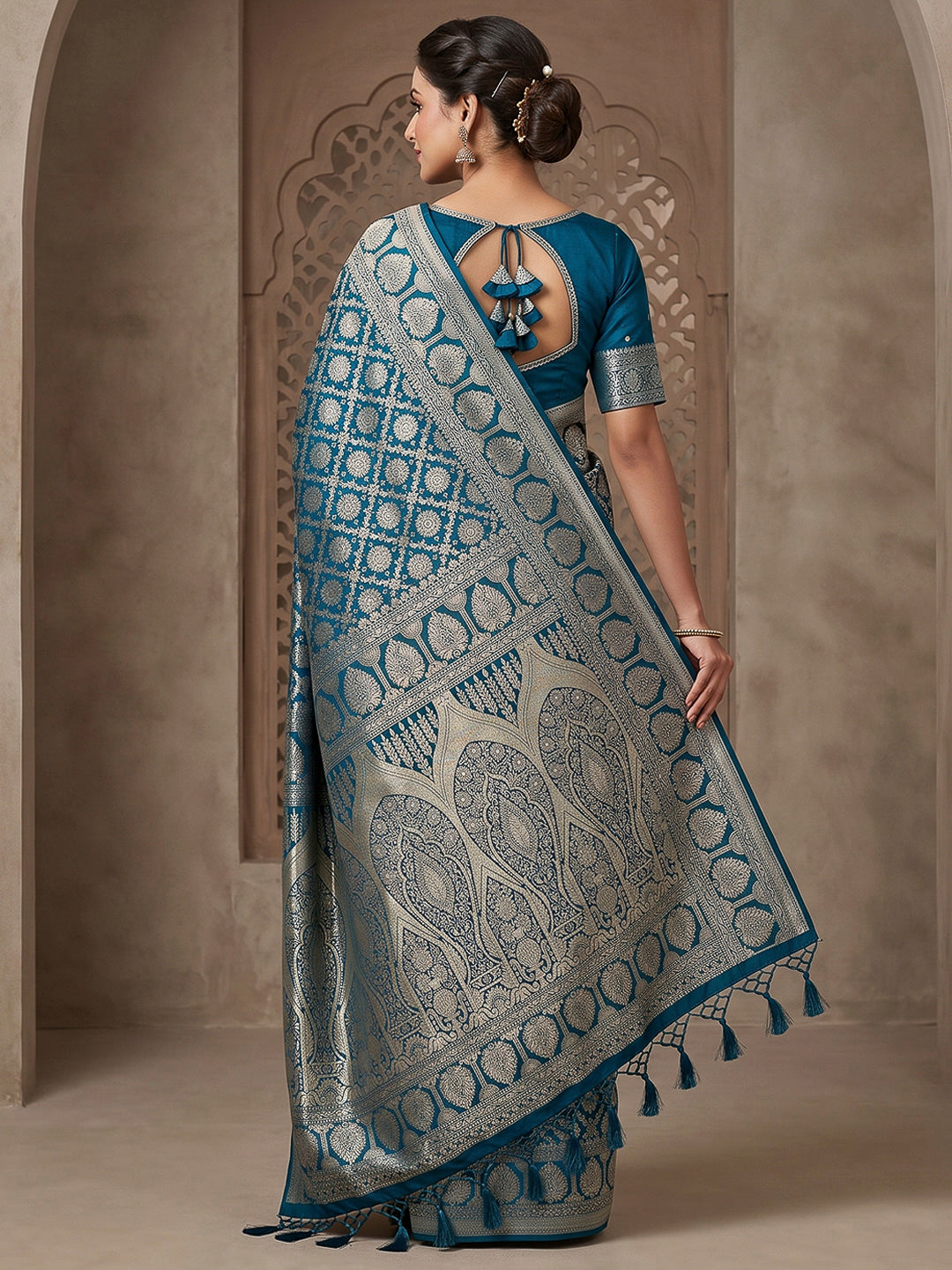 Peacock Blue Art Silk Woven Saree