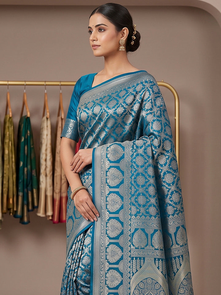 Peacock Blue Art Silk Woven Saree
