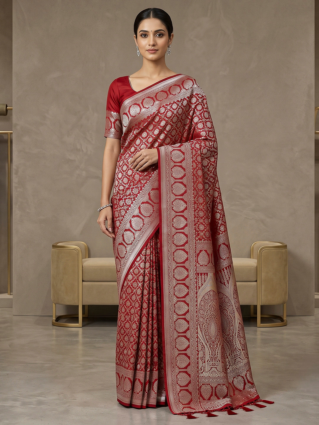 Red Art Silk Woven Saree