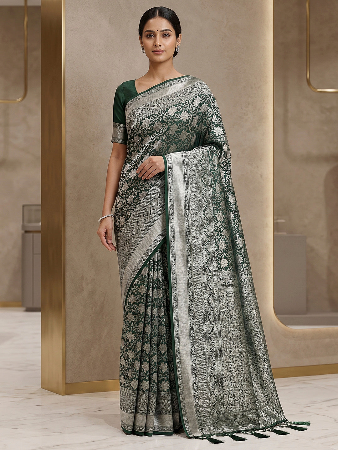Bottle-Green Art Silk Woven Saree