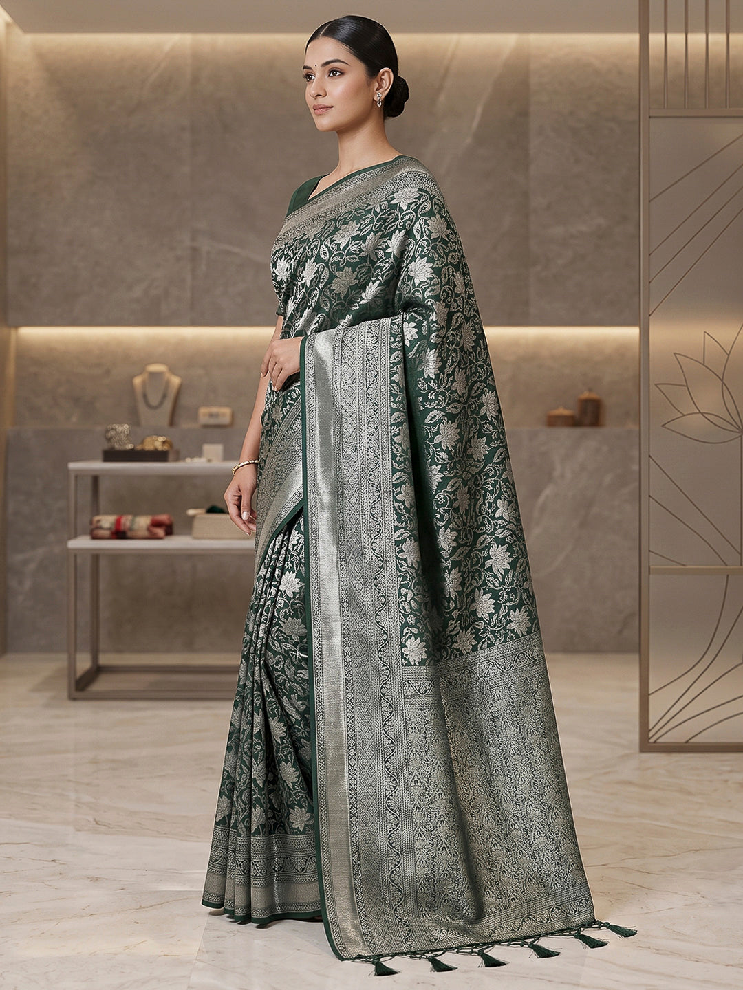Bottle-Green Art Silk Woven Saree