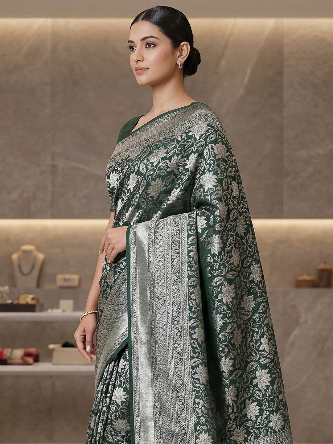 Bottle-Green Art Silk Woven Saree