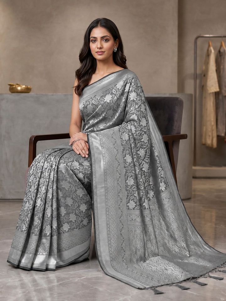 Grey Art Silk Woven Saree