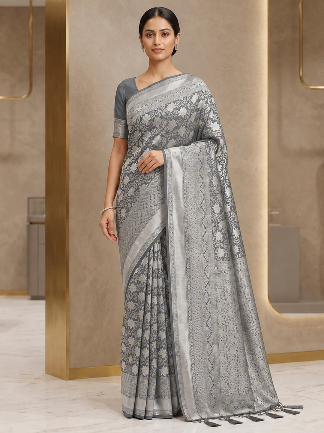 Grey Art Silk Woven Saree