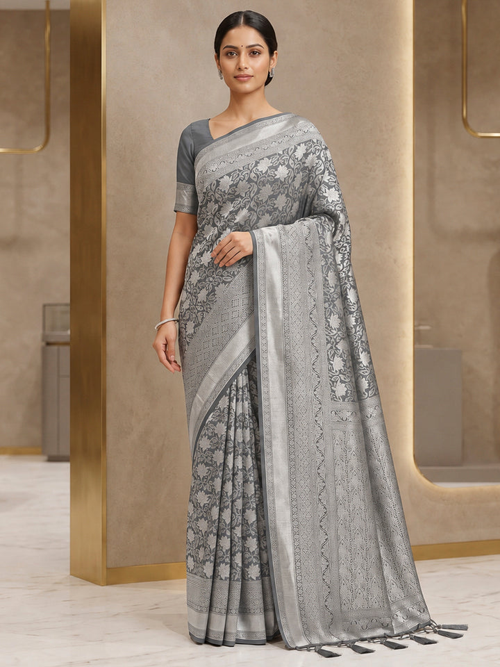 Grey Art Silk Woven Saree