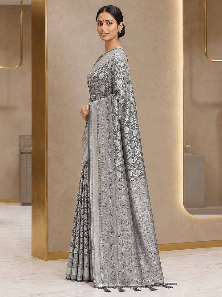 Grey Art Silk Woven Saree