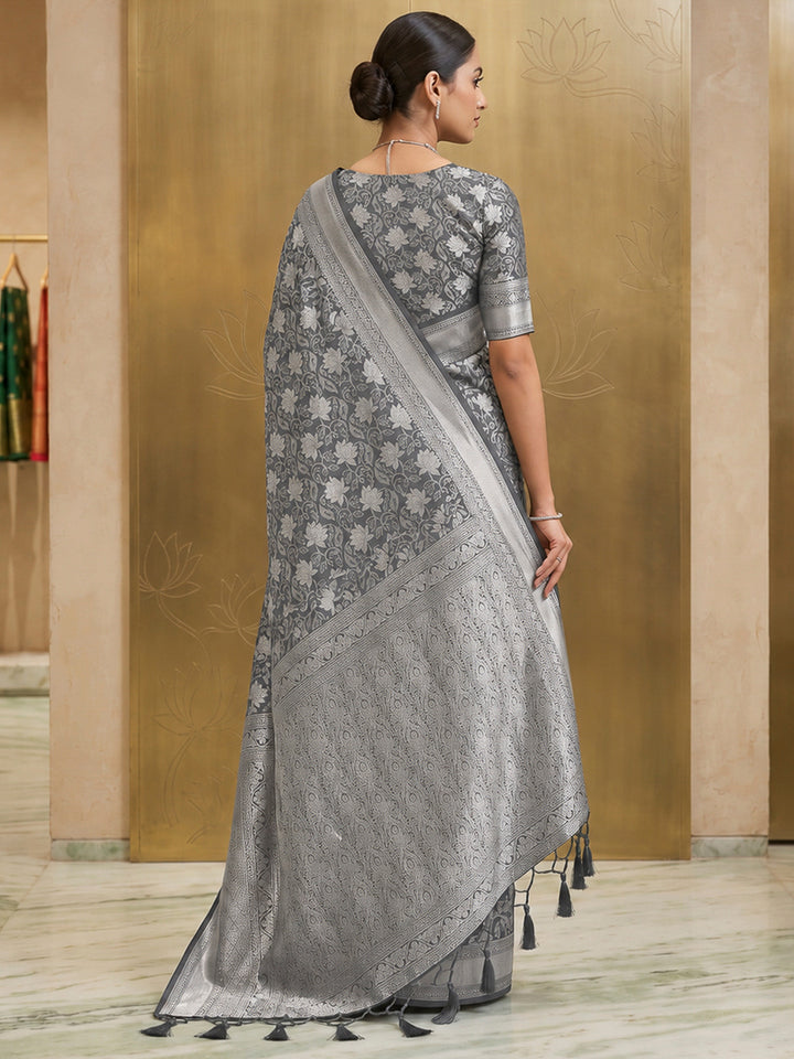Grey Art Silk Woven Saree